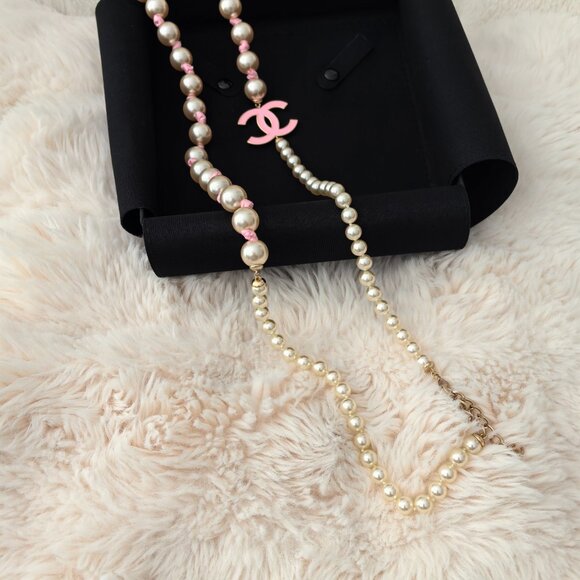 CHANEL Long Necklace Metal Glass Imitation Pearls Silk Resin Authentic - Picture 2 of 11
